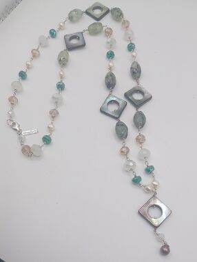 Vantel Pearls Prehnite, Abalone, Pearl, And Glass Crystal Station Necklace